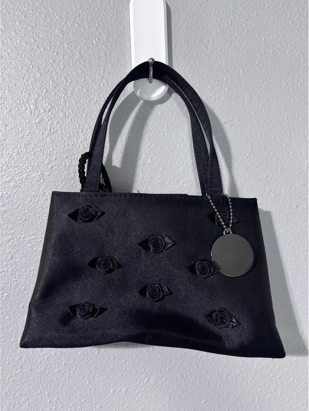 Small Silky Black Handbag Purse Roses